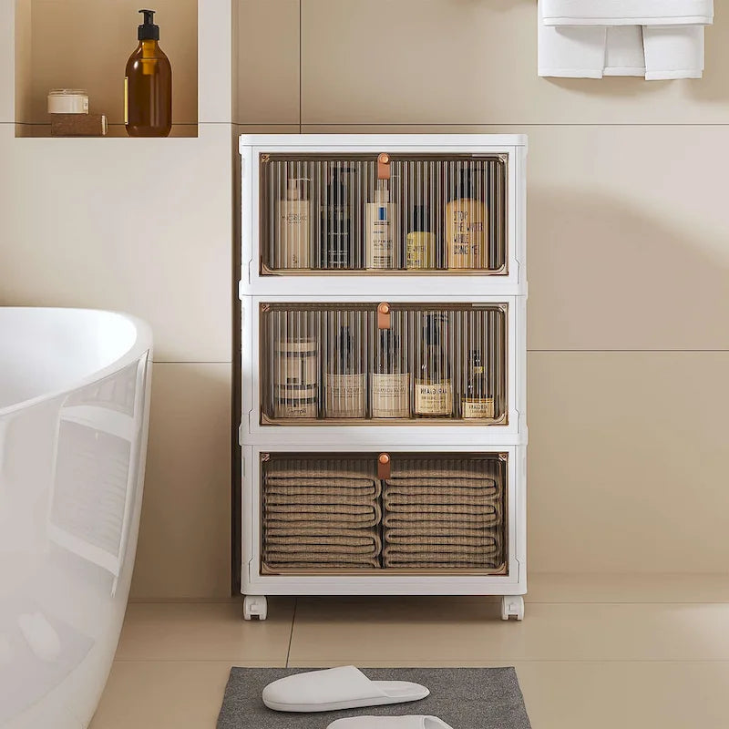 Javlergo 3 Tier Bathroom Storage Cabinet Storage Bins with Lid Stackable Storage Boxes Foldable Storage Organizers