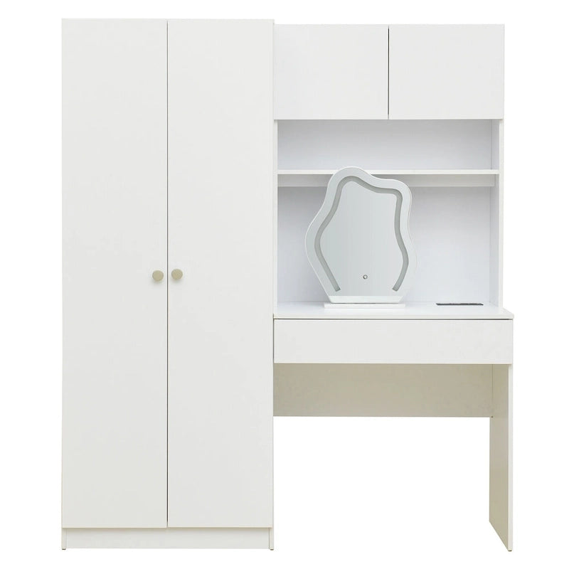 4-in-1 Wardrobe Closet with Makeup Vanity Desk Set, Bedroom Armoire with Lighted Mirror, Double Door Armoire