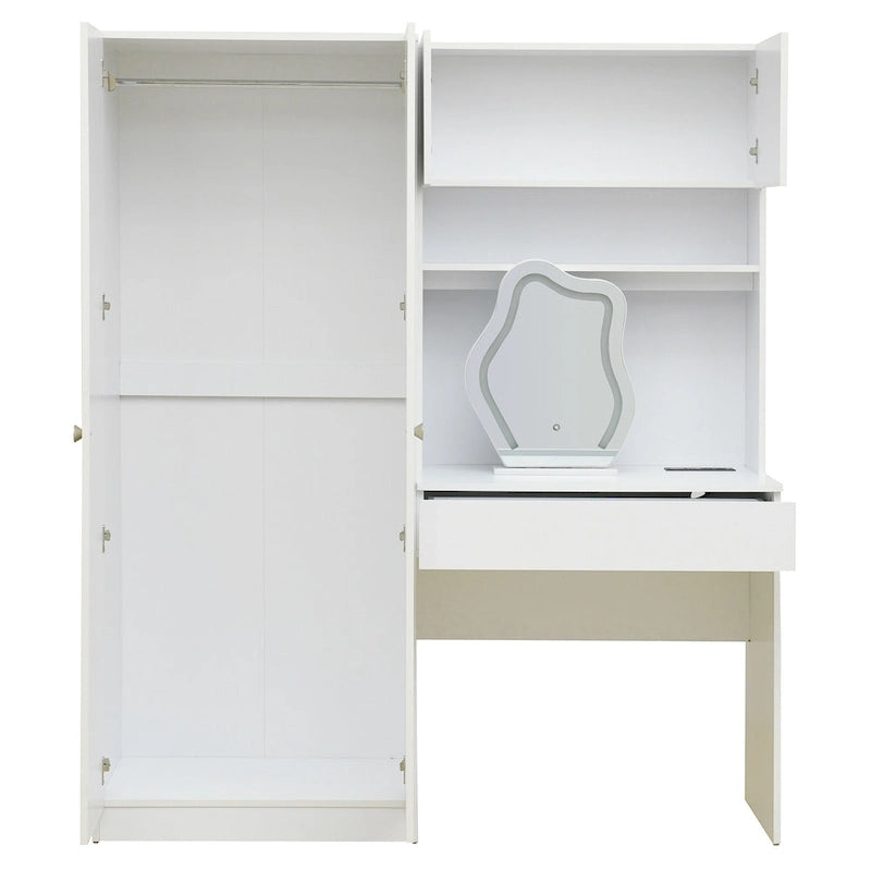 4-in-1 Wardrobe Closet with Makeup Vanity Desk Set, Bedroom Armoire with Lighted Mirror, Double Door Armoire