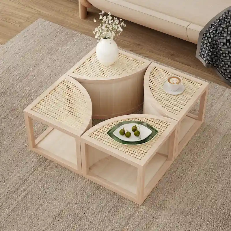 31.4   Modern Wooden Block Modular Coffee Table with Natural Ratta and Storage for Living Room