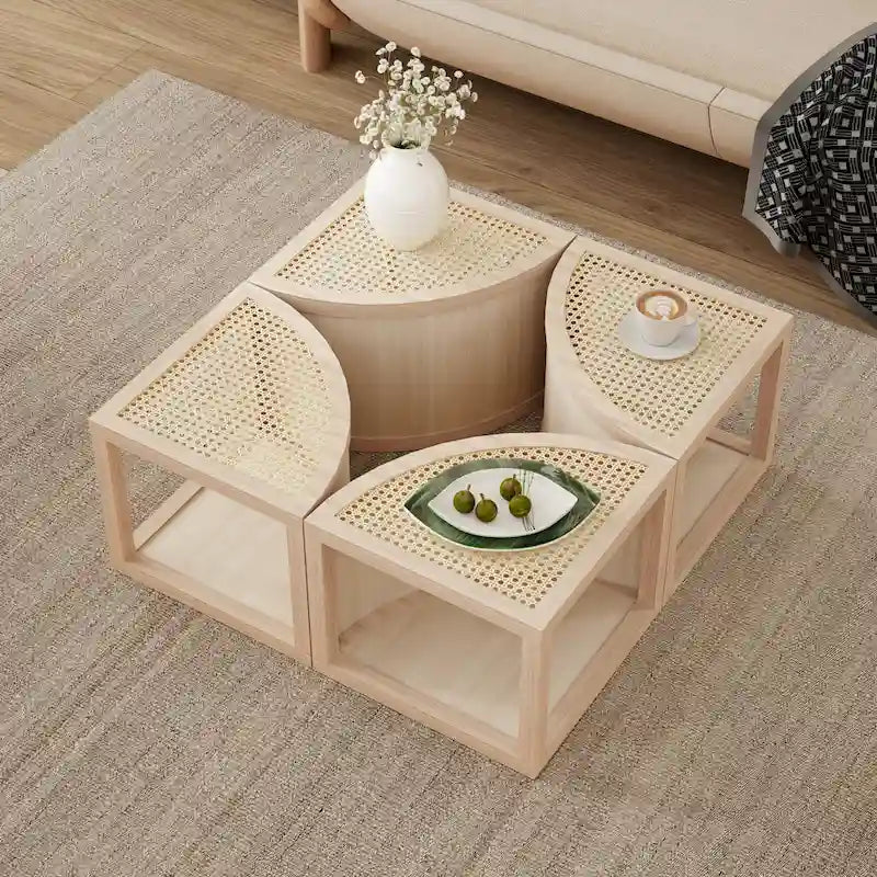 31.4   Modern Wooden Block Modular Coffee Table with Natural Ratta and Storage for Living Room