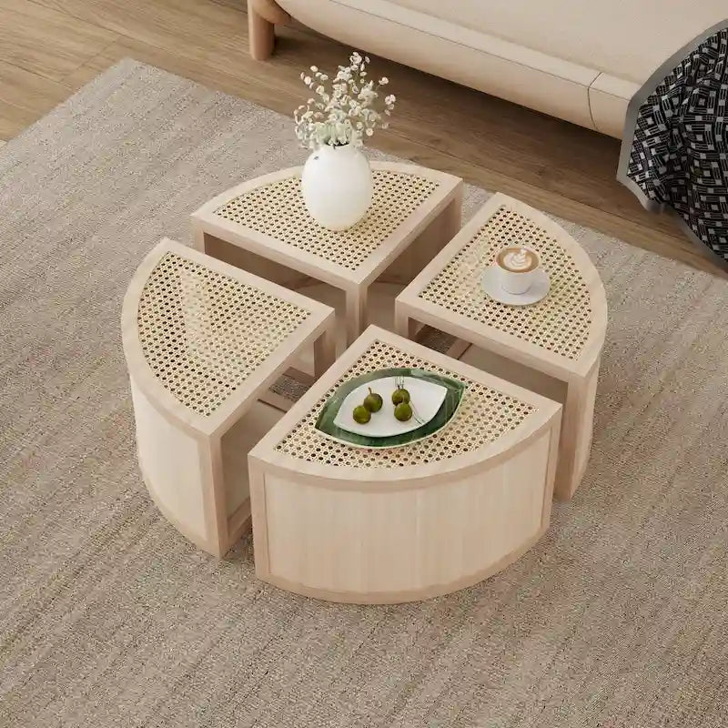 31.4   Modern Wooden Block Modular Coffee Table with Natural Ratta and Storage for Living Room