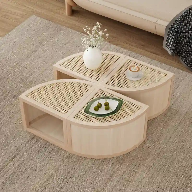 31.4   Modern Wooden Block Modular Coffee Table with Natural Ratta and Storage for Living Room