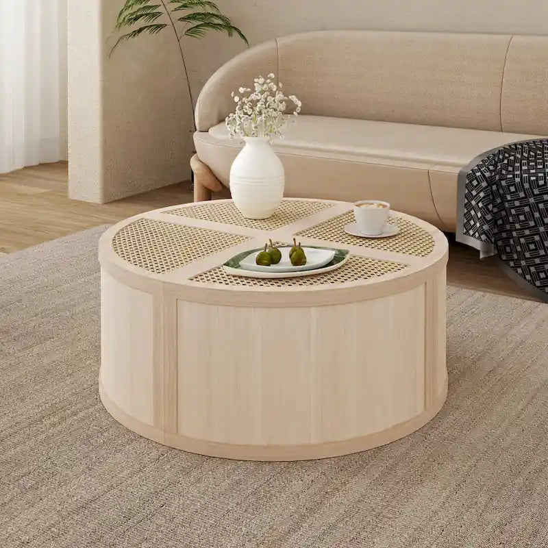 31.4   Modern Wooden Block Modular Coffee Table with Natural Ratta and Storage for Living Room