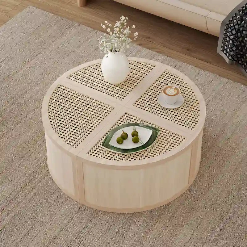31.4   Modern Wooden Block Modular Coffee Table with Natural Ratta and Storage for Living Room