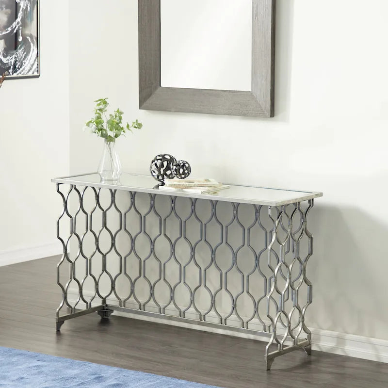 Metal Geometric Console Table with Mirrored Glass Top - Silver - Roche River Decor - 18  Wx55  Lx32  H