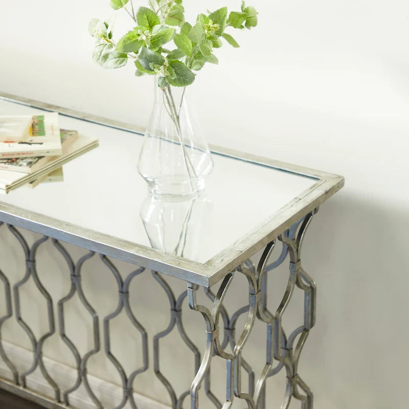 Metal Geometric Console Table with Mirrored Glass Top - Silver - Roche River Decor - 18  Wx55  Lx32  H