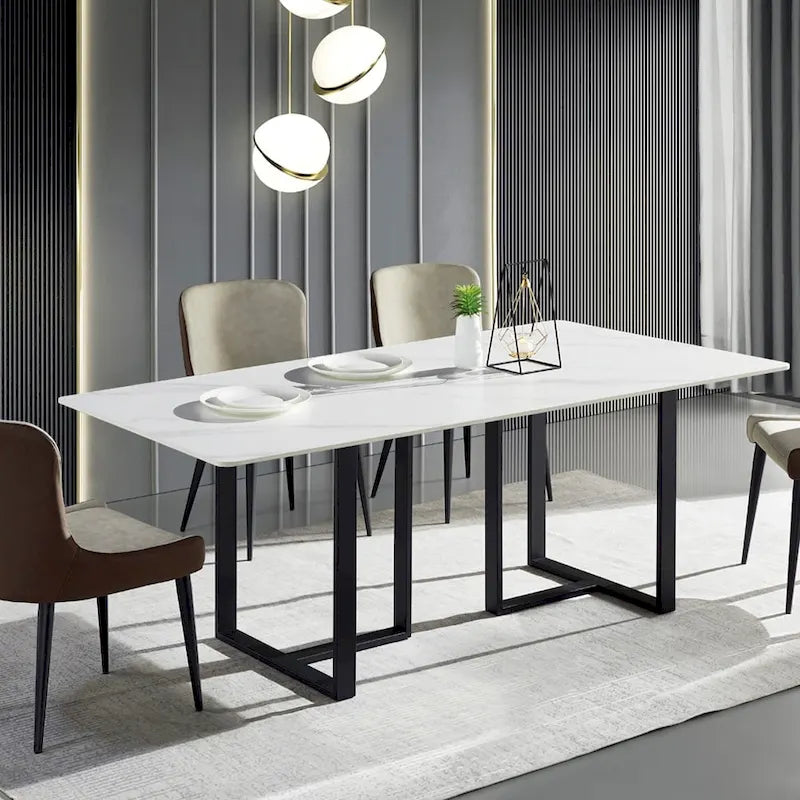 63   Modern and Minimalist Rectangular Stone Dining Table, Black Metal Frame