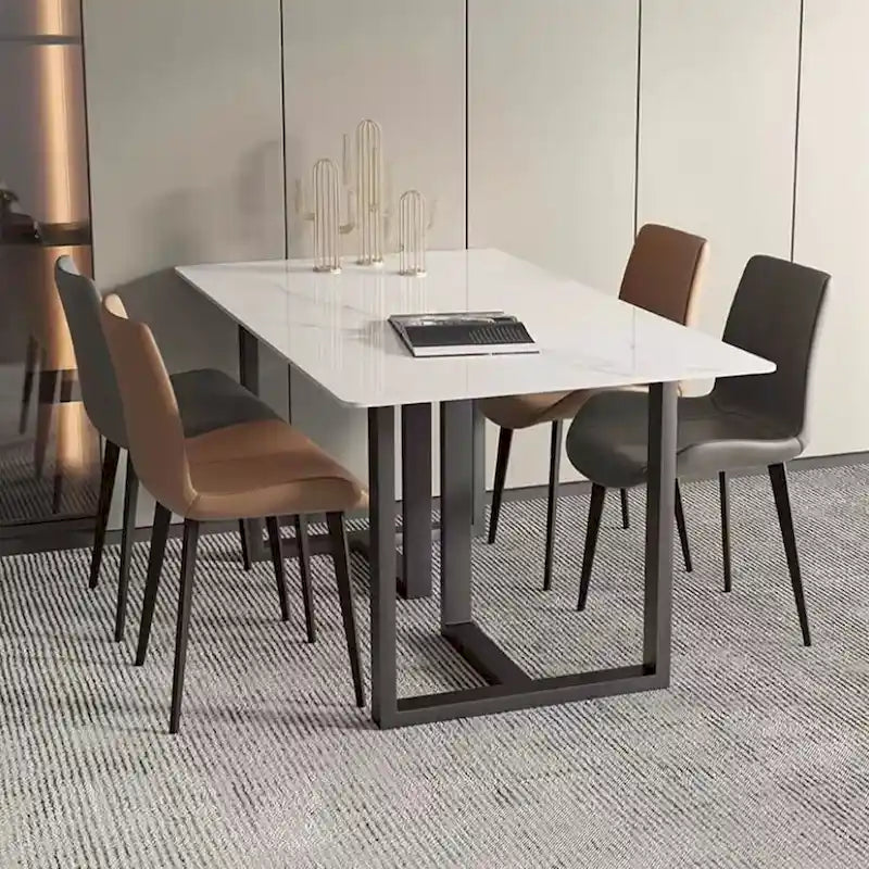 63   Modern and Minimalist Rectangular Stone Dining Table, Black Metal Frame