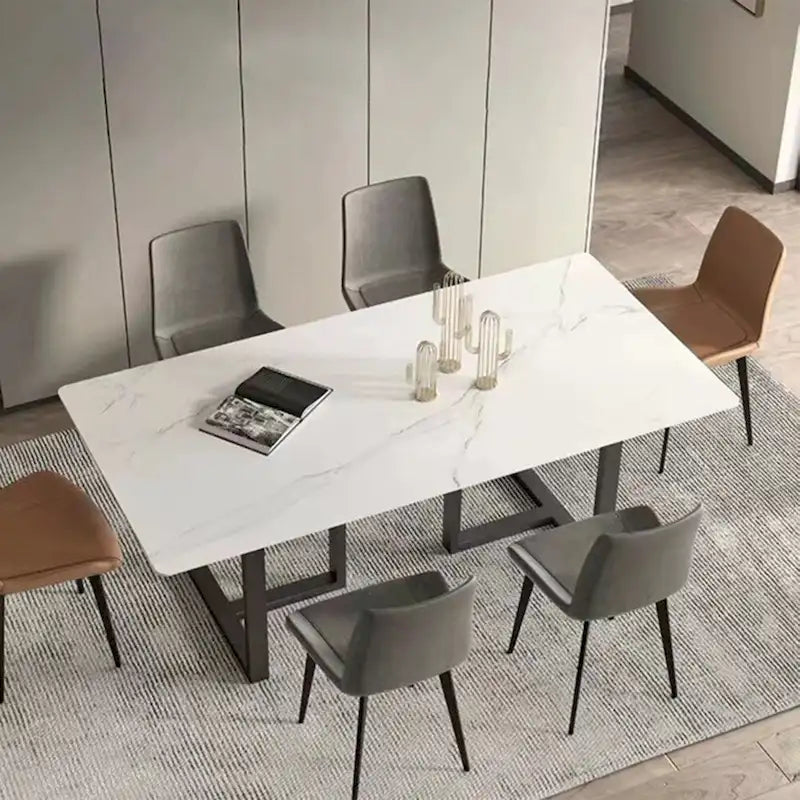 63   Modern and Minimalist Rectangular Stone Dining Table, Black Metal Frame