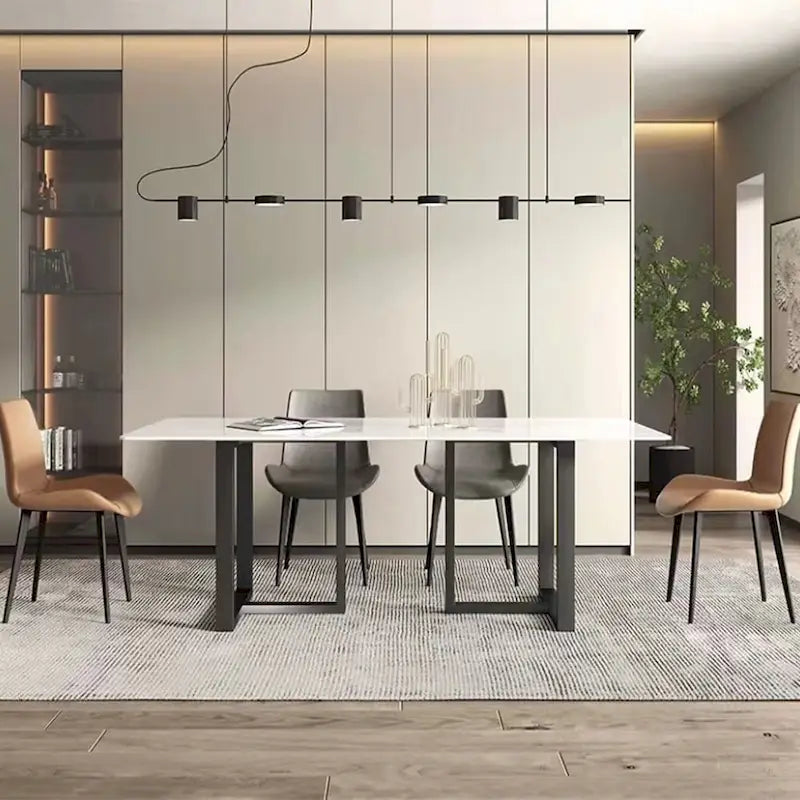 63   Modern and Minimalist Rectangular Stone Dining Table, Black Metal Frame
