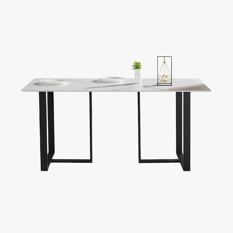63   Modern and Minimalist Rectangular Stone Dining Table, Black Metal Frame