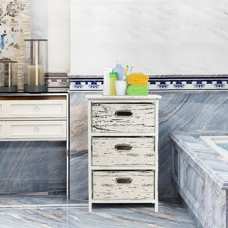    Set of 2 Chest w/3 Fabric Drawers Vintage Wood Frame End Side
