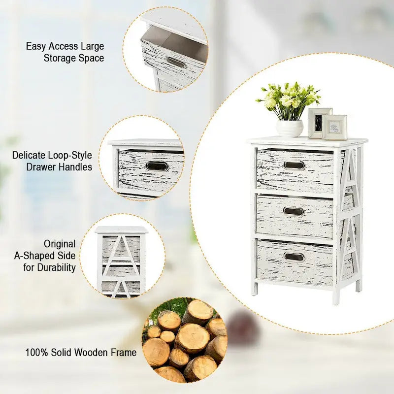 Set of 2 Chest w/3 Fabric Drawers Vintage Wood Frame End Side
