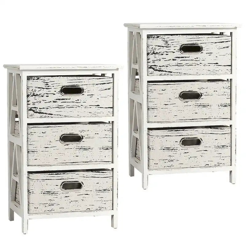 Set of 2 Chest w/3 Fabric Drawers Vintage Wood Frame End Side