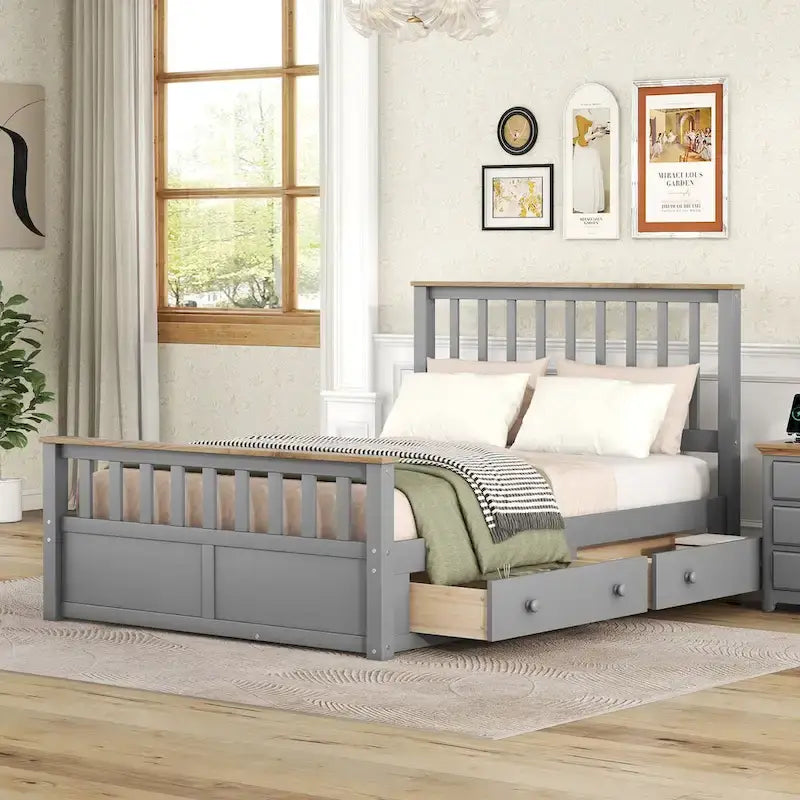 Wood Platform Bed with 2 Drawers and Wooden Slat Support