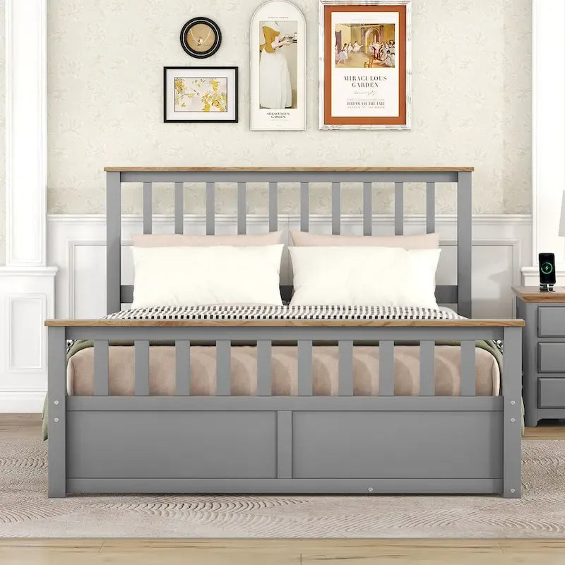 Wood Platform Bed with 2 Drawers and Wooden Slat Support