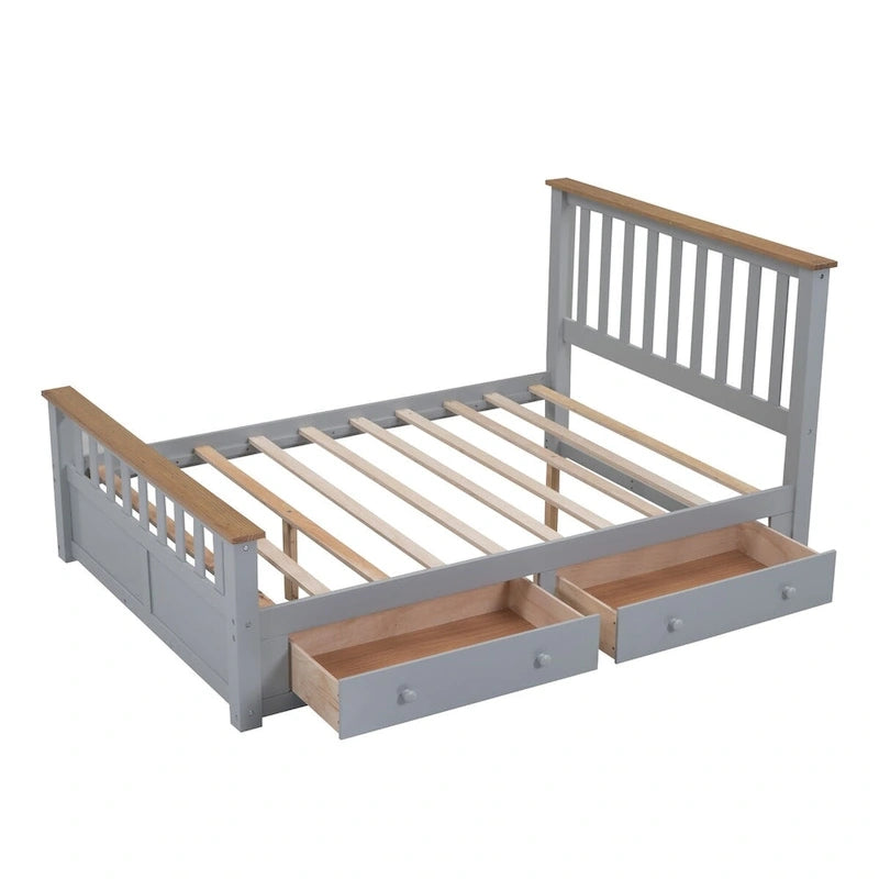 Wood Platform Bed with 2 Drawers and Wooden Slat Support