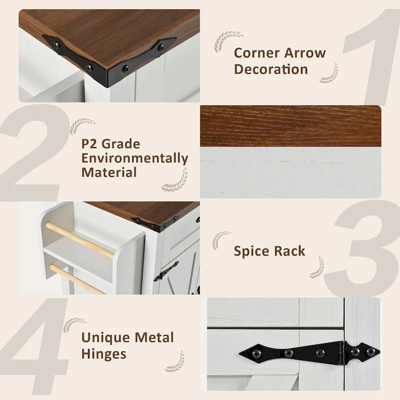 53.5  FarmhouseKitchenIslandwithPowerOutlet,DropLeaf,SpiceRack,andDrawers,MobileStorageCartwithWheels