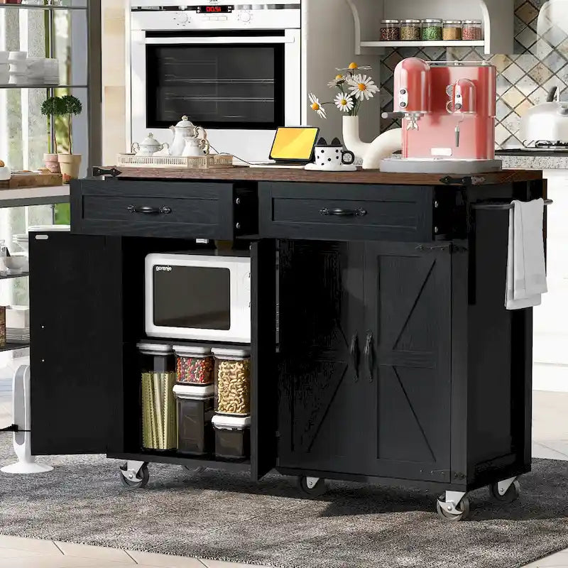 53.5  FarmhouseKitchenIslandwithPowerOutlet,DropLeaf,SpiceRack,andDrawers,MobileStorageCartwithWheels