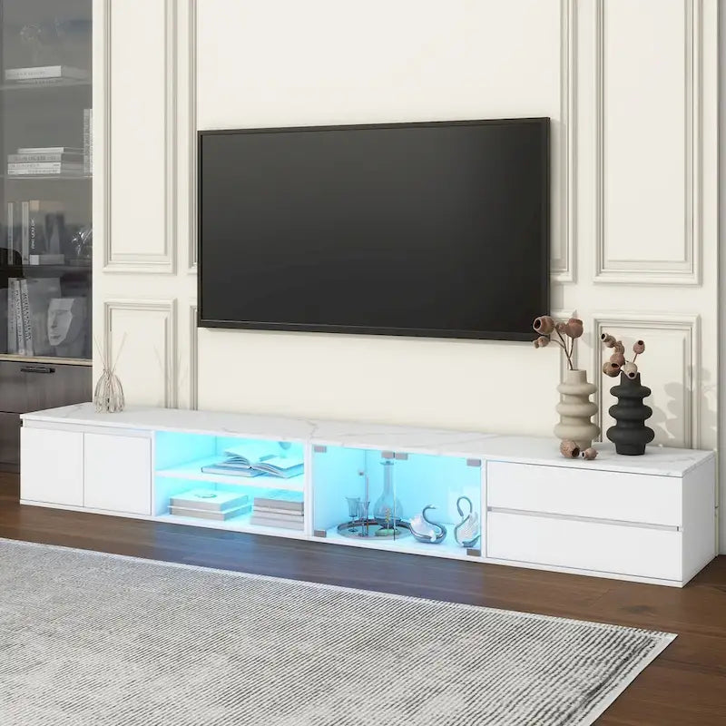 Modern TV Stand for TVs Up to 105  ,Tempered Glass Doors,Entertainment Center with 2 Drawers & Cabinets for Living Room