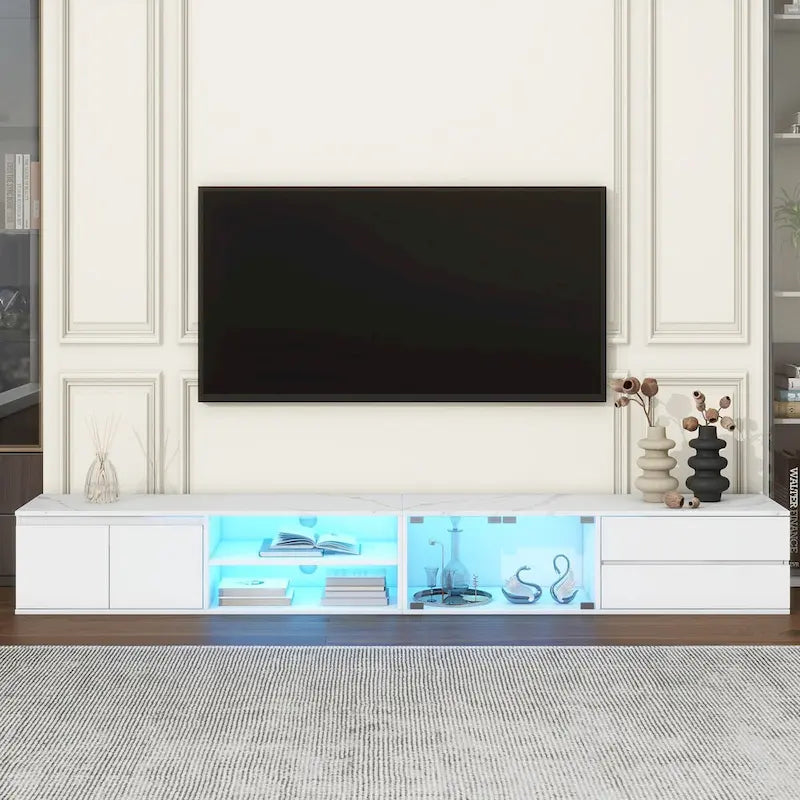 Modern TV Stand for TVs Up to 105  ,Tempered Glass Doors,Entertainment Center with 2 Drawers & Cabinets for Living Room