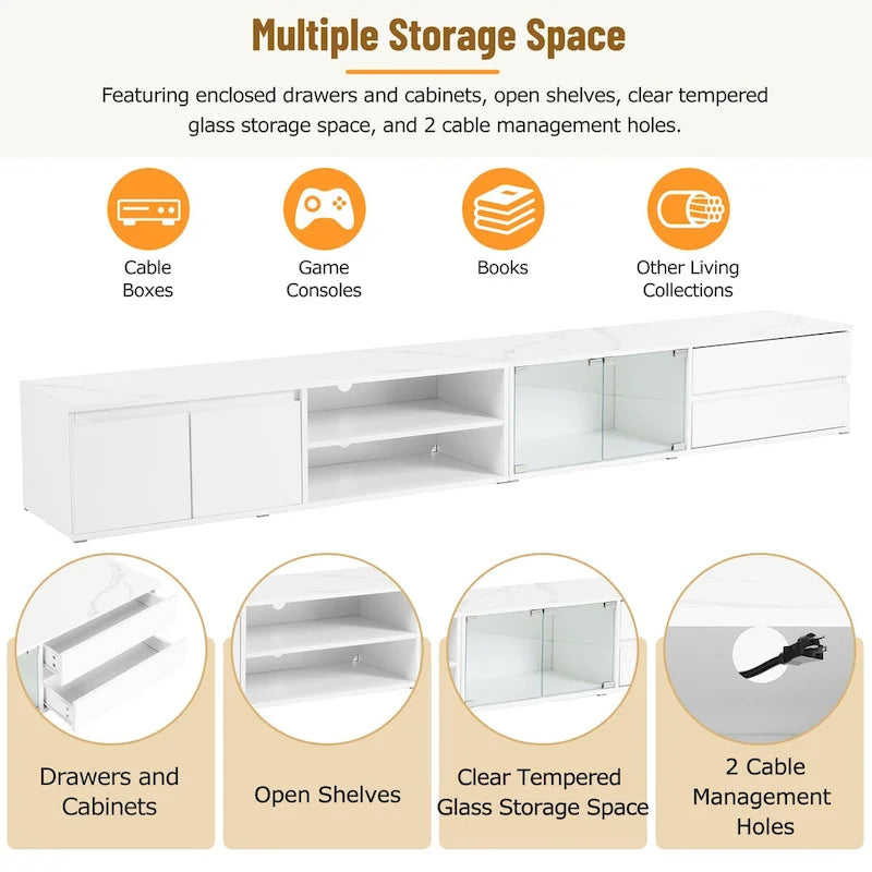Modern TV Stand for TVs Up to 105  ,Tempered Glass Doors,Entertainment Center with 2 Drawers & Cabinets for Living Room