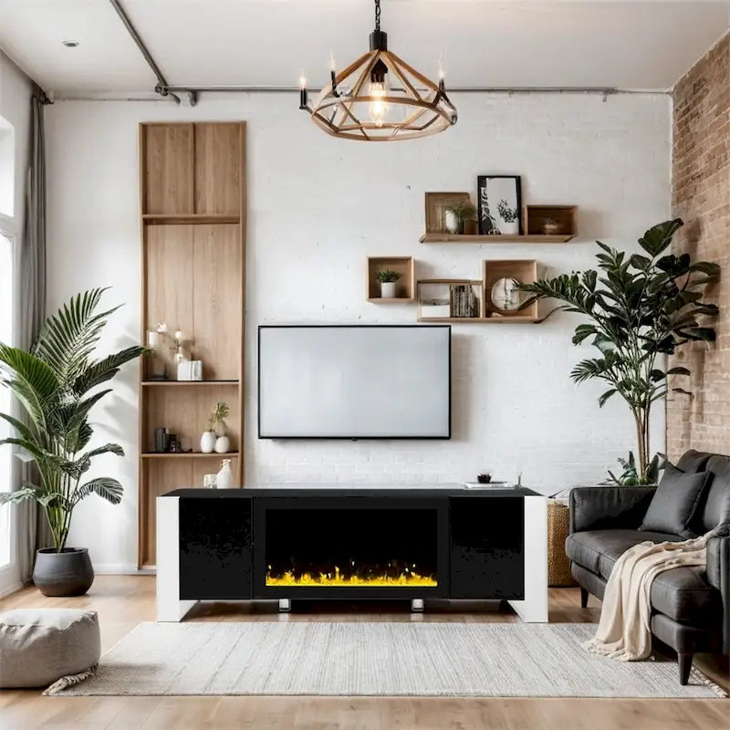 Modern TV Stand with 34.2   Non-heating Electric Fireplace and Cabinets