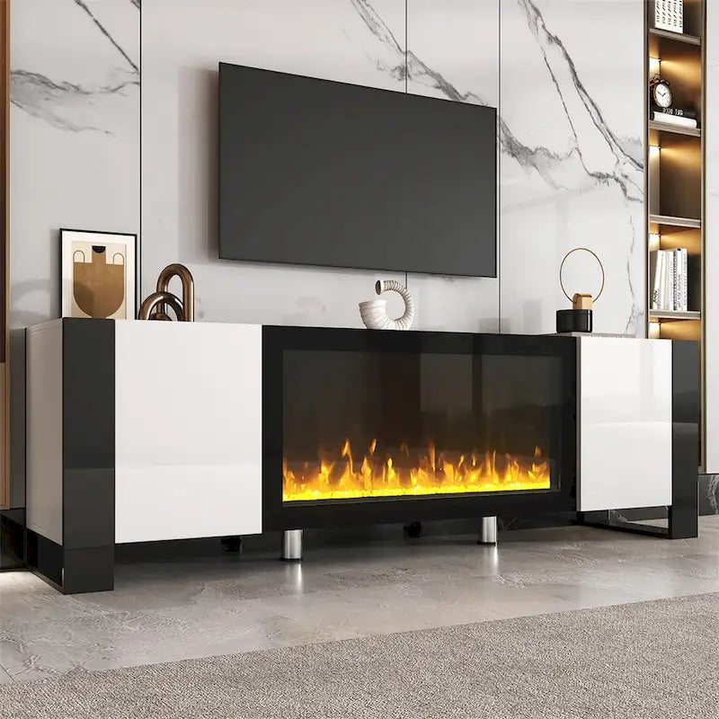 Modern TV Stand with 34.2   Non-heating Electric Fireplace and Cabinets