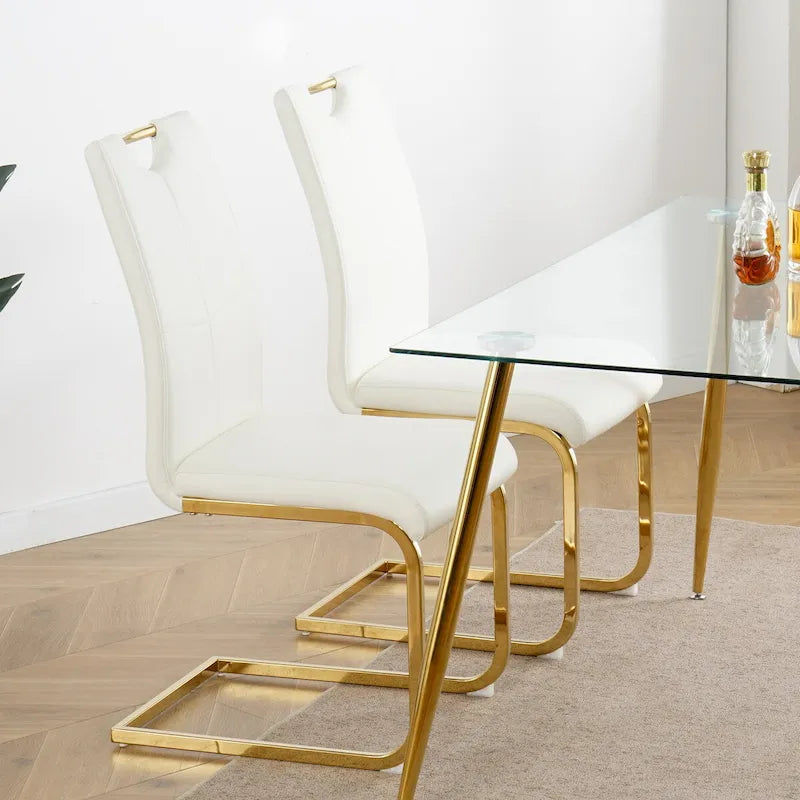 Modern Faux Leather Padded Seat Dining Chairs with gold Metal Legs,Set of 2