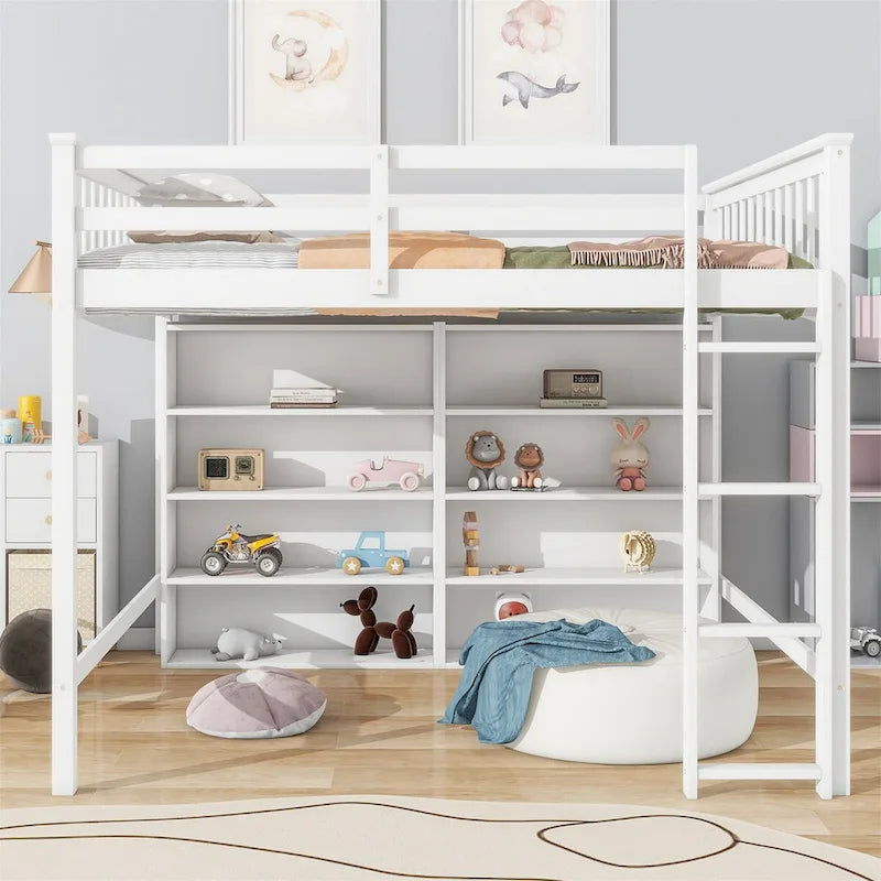 Full Size Loft Bed with 8 Open Storage Shelves and Built-in Ladder