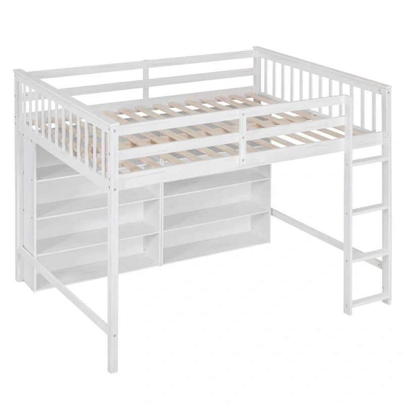 Full Size Loft Bed with 8 Open Storage Shelves and Built-in Ladder
