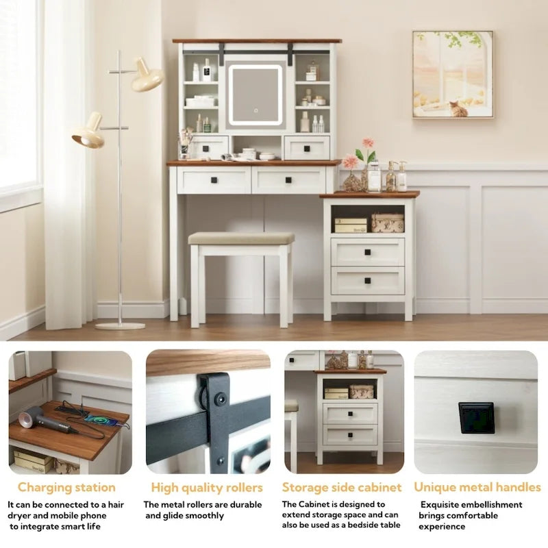 46.5   Farmhouse Makeup Vanity Desk with Adjustible LED Lighted Mirror and Charging Station, Rustic Dressing Vanity Table