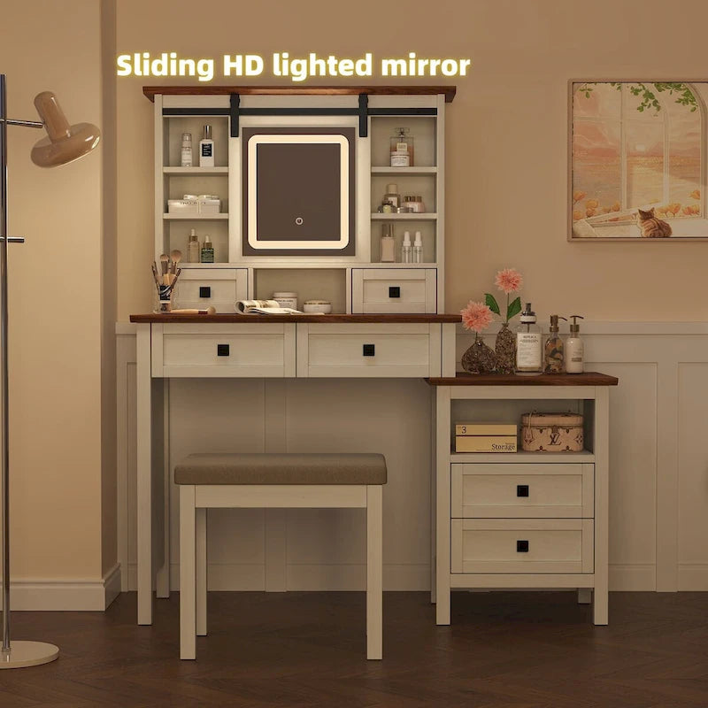 46.5   Farmhouse Makeup Vanity Desk with Adjustible LED Lighted Mirror and Charging Station, Rustic Dressing Vanity Table