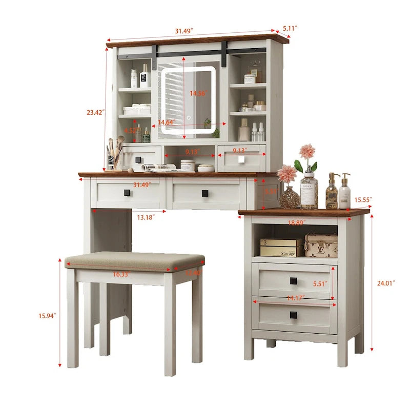 46.5   Farmhouse Makeup Vanity Desk with Adjustible LED Lighted Mirror and Charging Station, Rustic Dressing Vanity Table