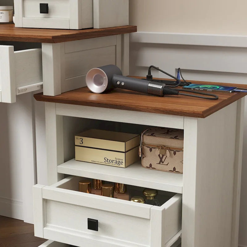 46.5   Farmhouse Makeup Vanity Desk with Adjustible LED Lighted Mirror and Charging Station, Rustic Dressing Vanity Table