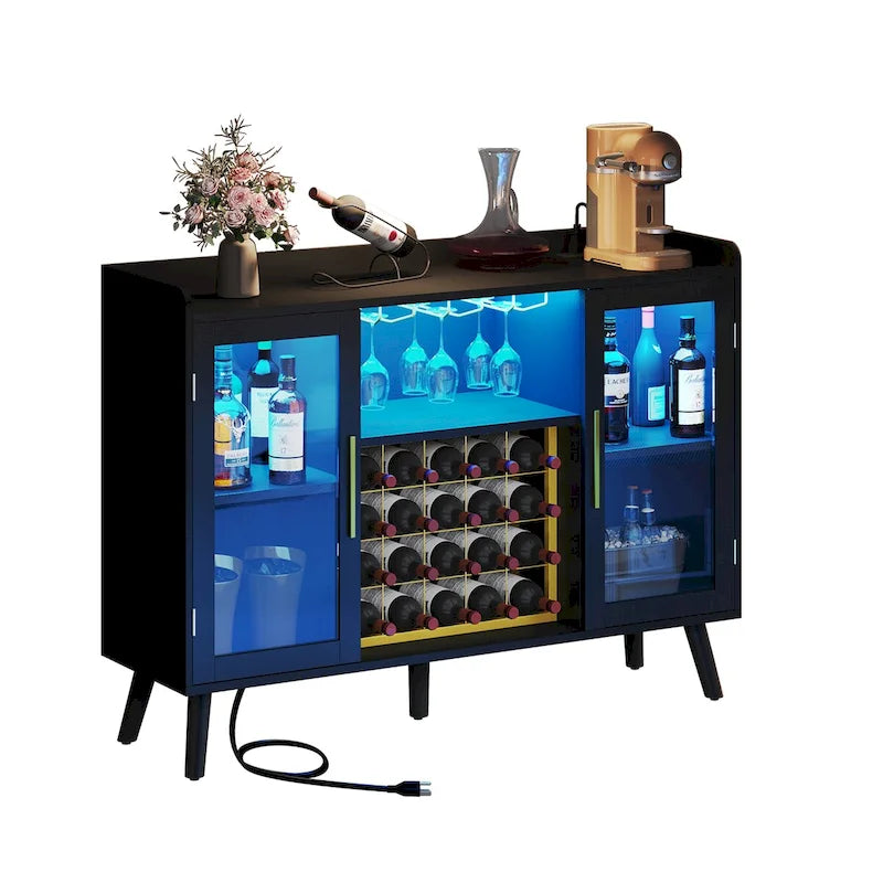 53   Wine Bar Cabinet Coffee Bar Cabinet for Liquor and Glasses with Led Lights & Power Outlets