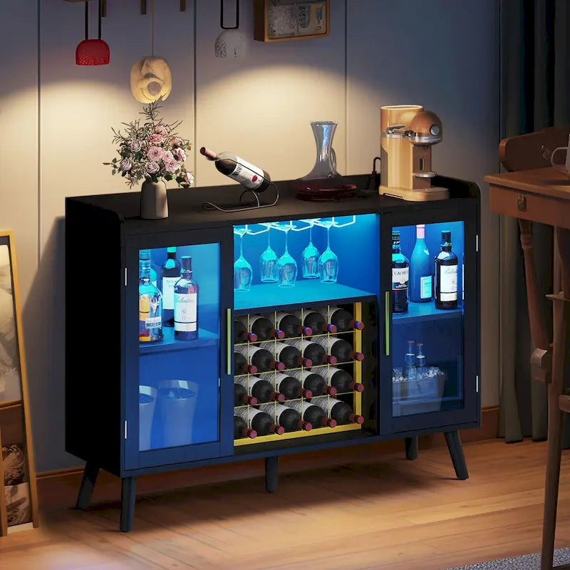 53   Wine Bar Cabinet Coffee Bar Cabinet for Liquor and Glasses with Led Lights & Power Outlets