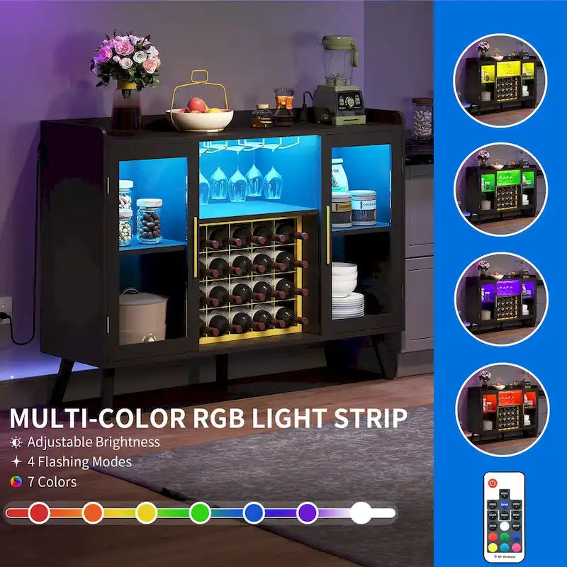 53   Wine Bar Cabinet Coffee Bar Cabinet for Liquor and Glasses with Led Lights & Power Outlets